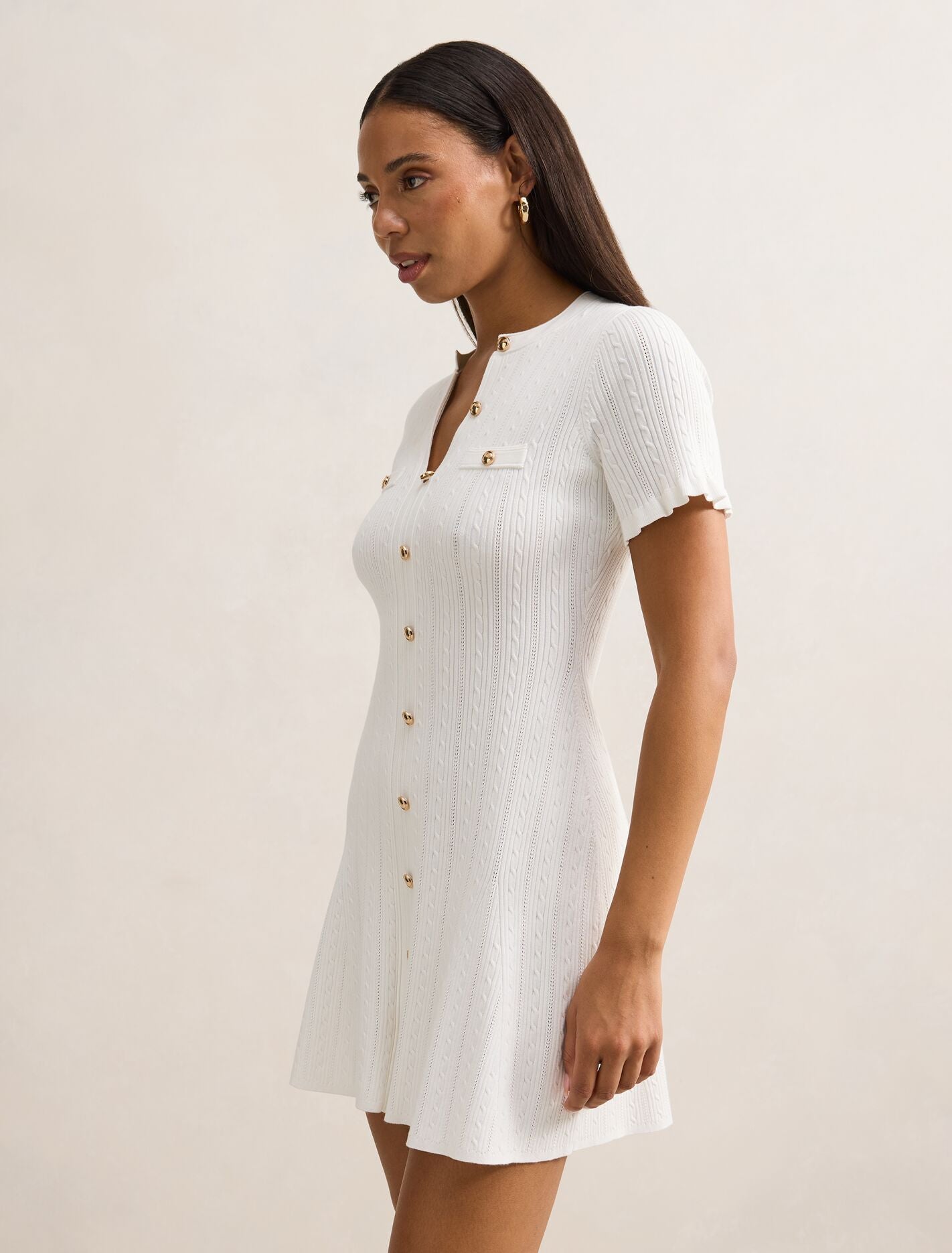 Violetta Stitch Interest Mini Dress Cream
