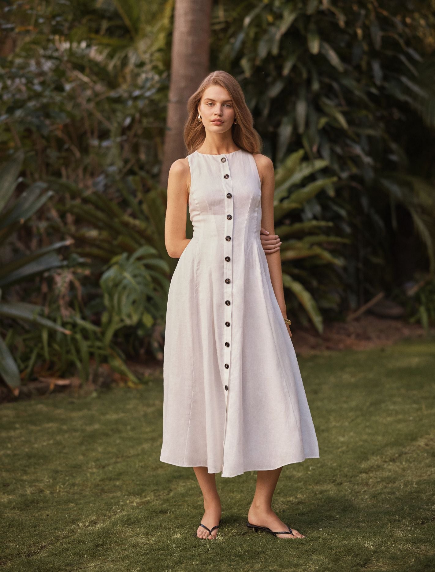 Pia Button Front Linen Midi Dress Porcelain