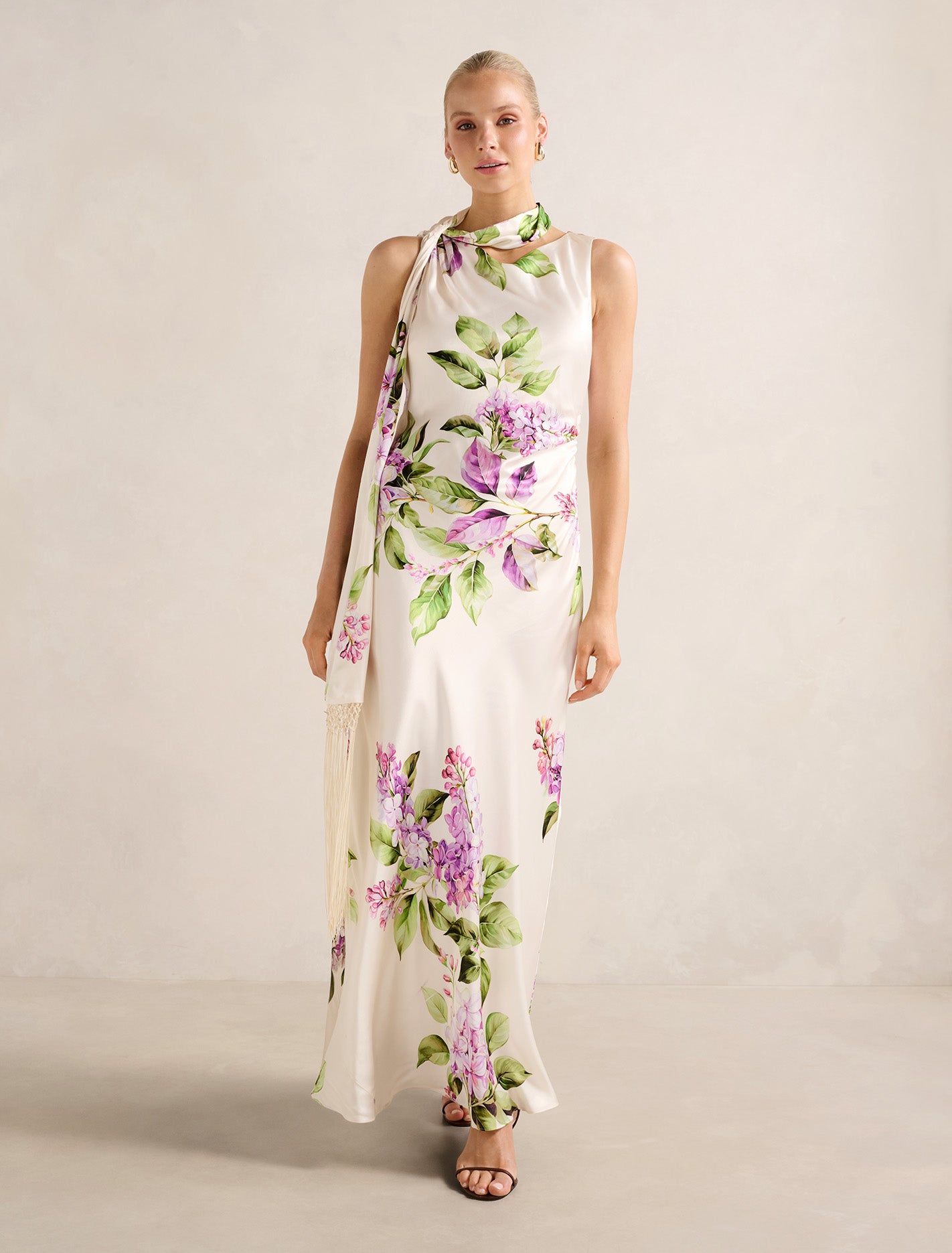 Ariane Tassel Scarf Satin Maxi Dress Hillcroft Floral