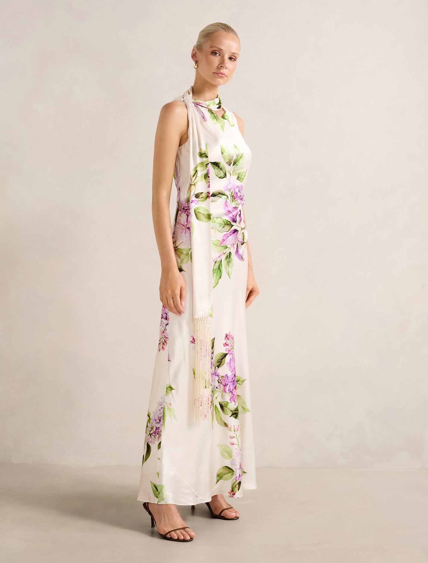 Ariane Tassel Scarf Satin Maxi Dress Hillcroft Floral