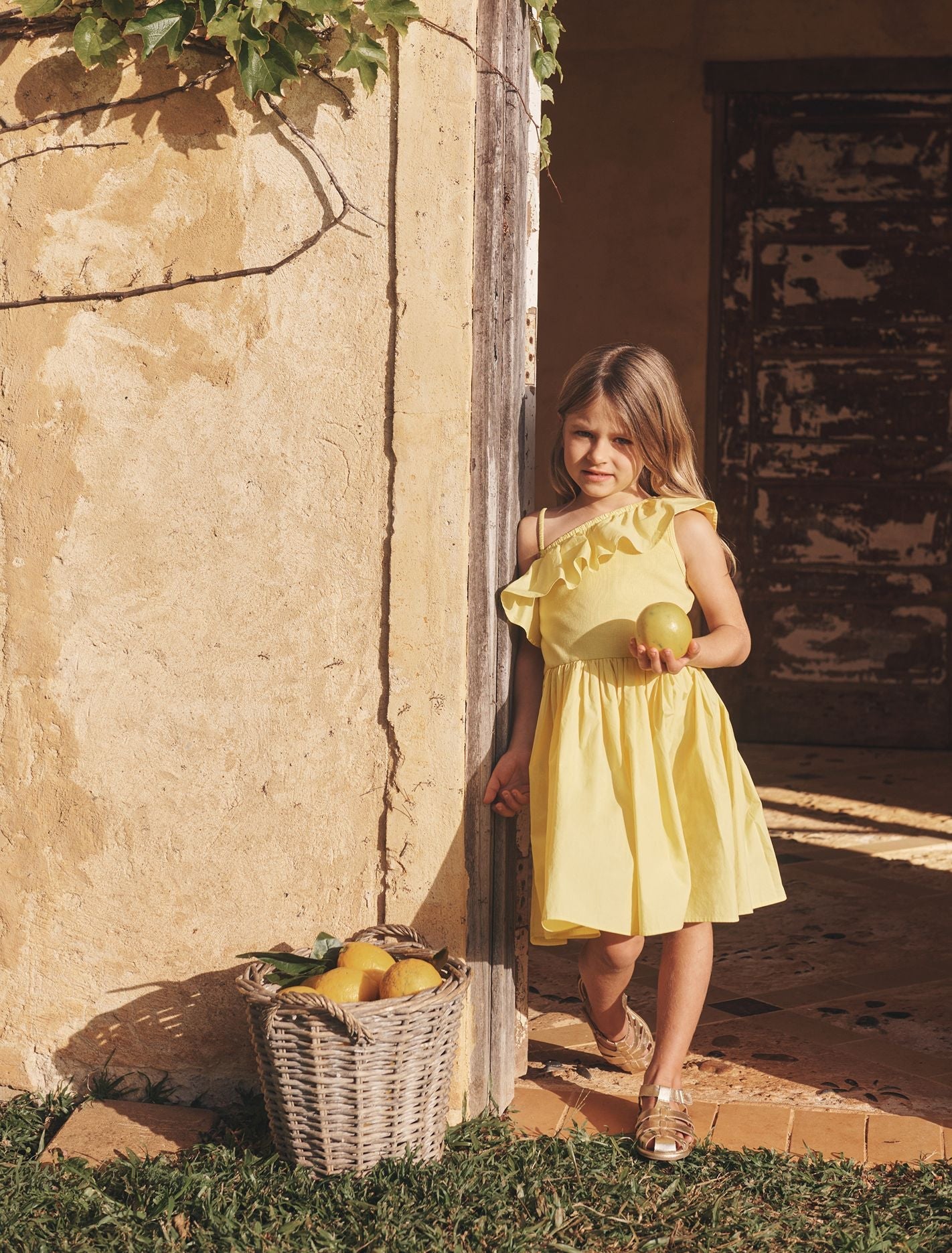 Sadie Girls One-Shoulder Frill Dress Pineapple Yellow