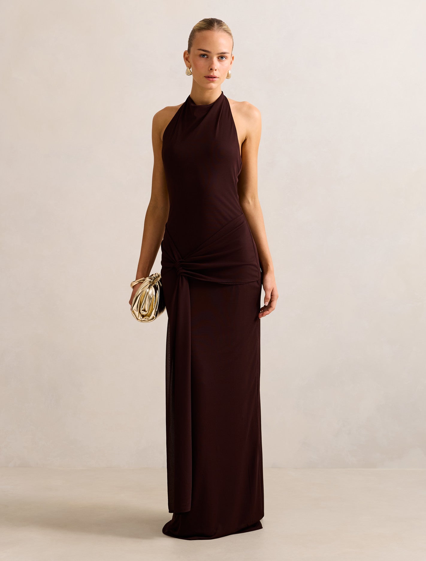 Abby Halter Mesh Maxi Dress Chocolate