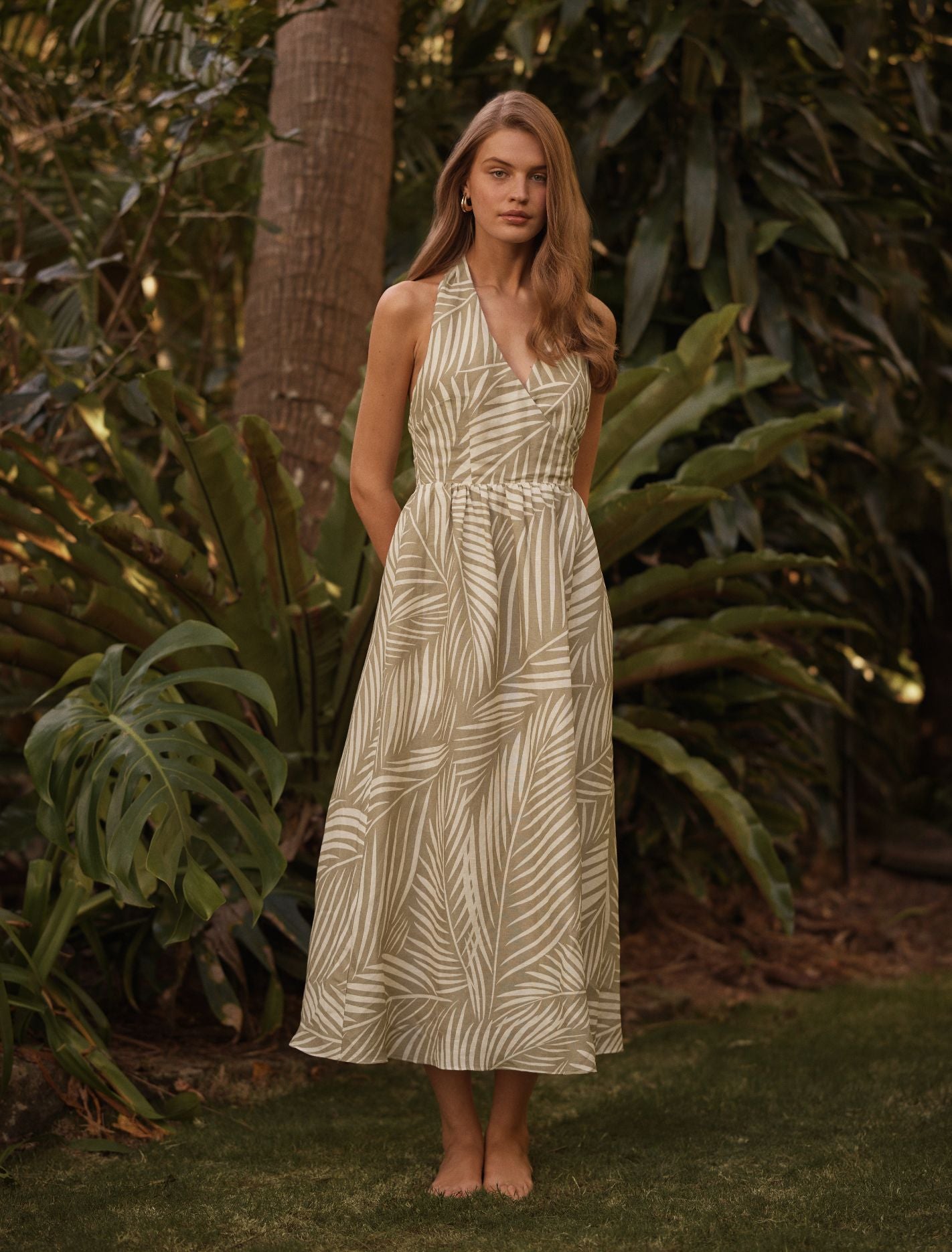 Lilian Wrap Linen Halter Midi Dress Tuxen Leaf