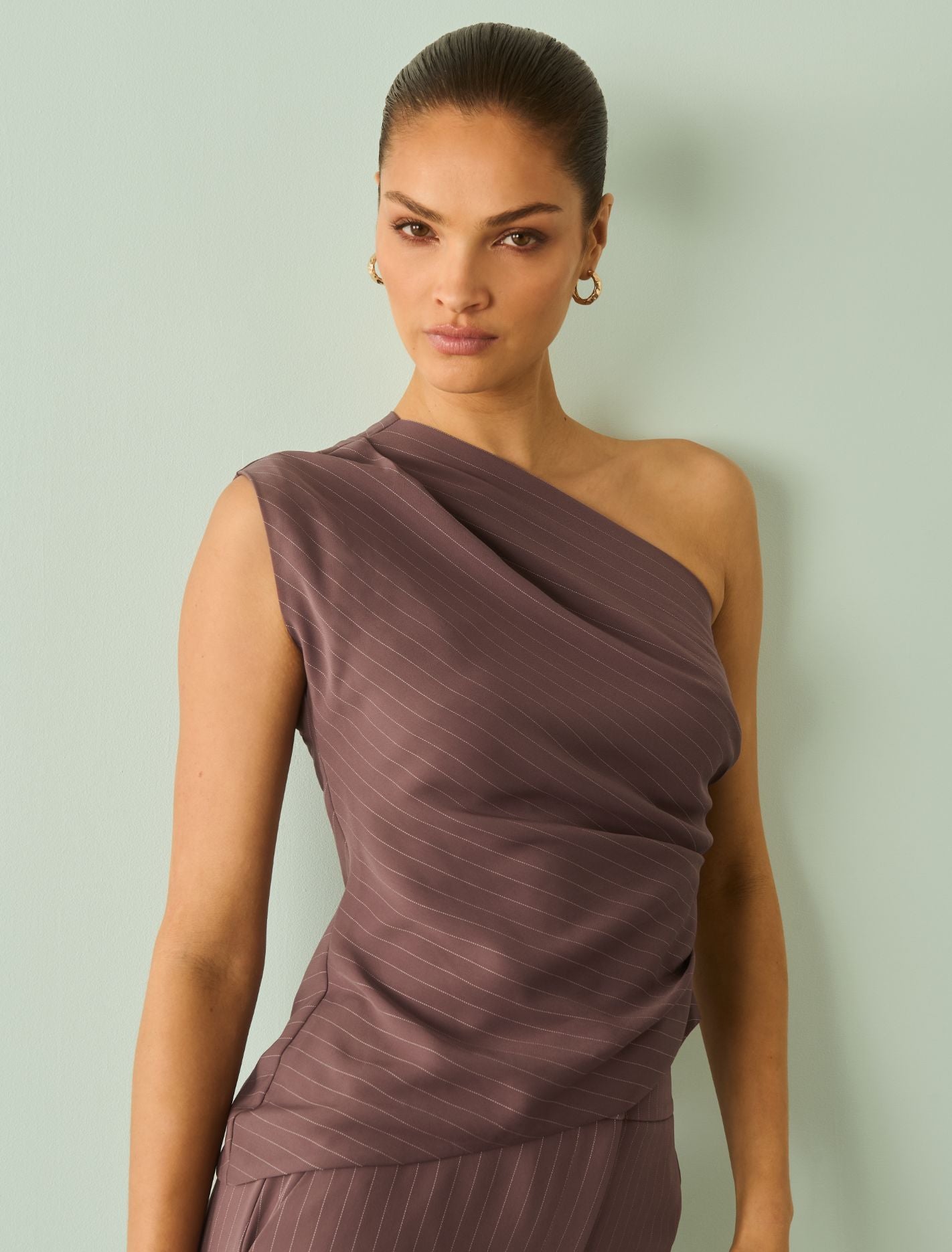 Willow Asymmetrical Tuck Top Mocha Pinstripe Set