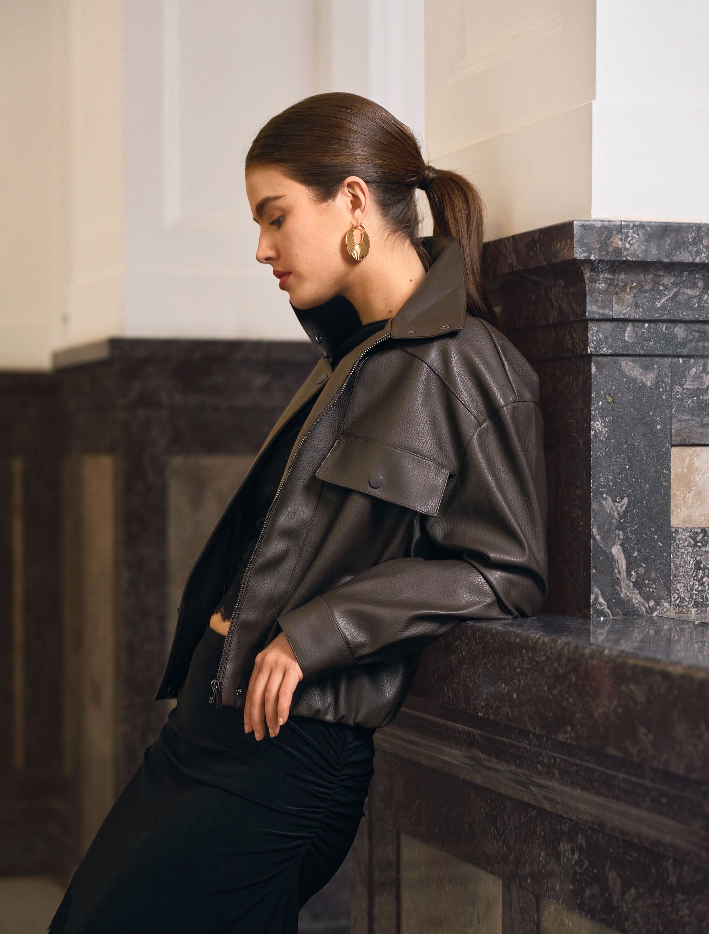 Angela Funnel Neck Faux Leather Bomber Jacket Chocolate
