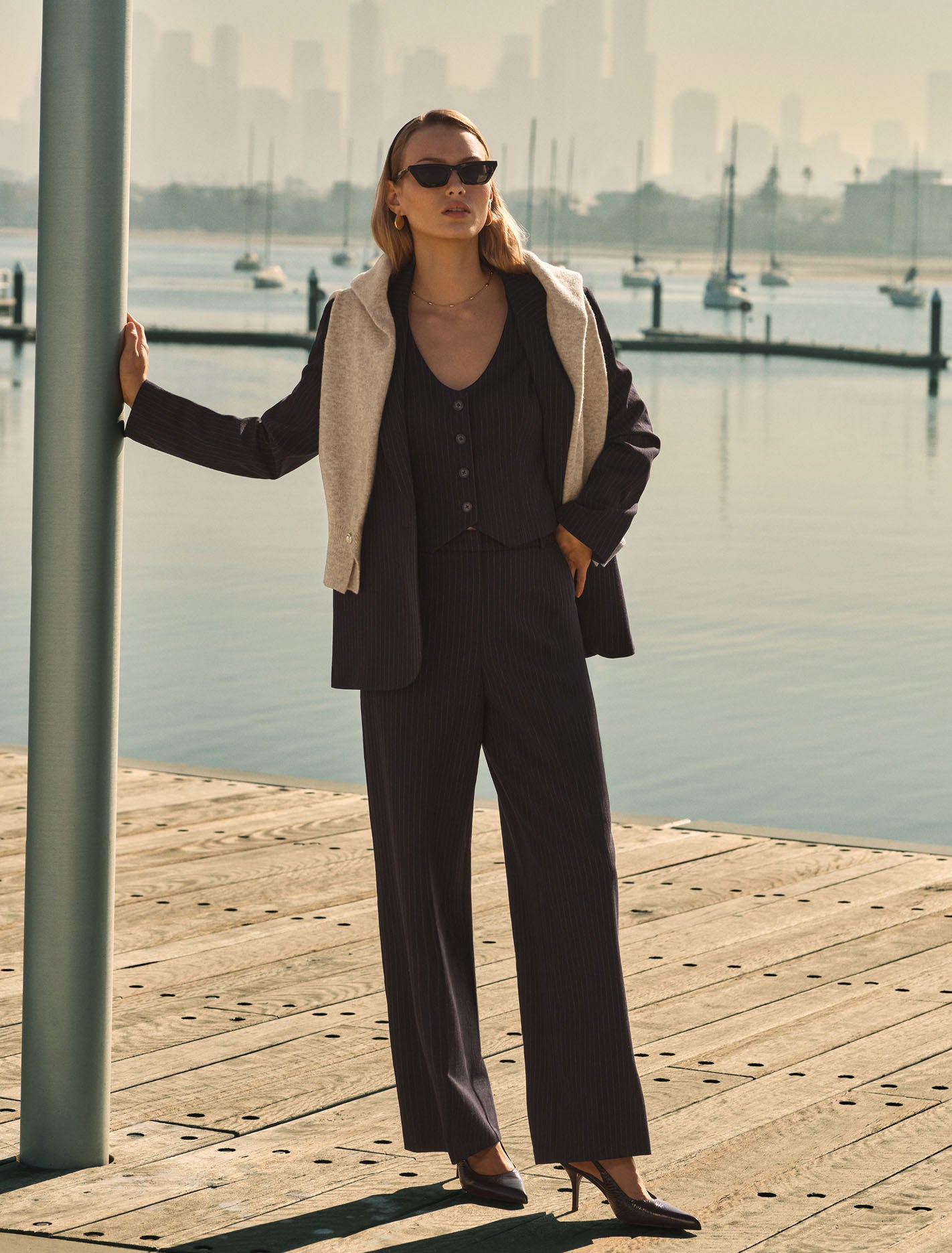 Paloma Pinstripe Wide Leg Pant Navy Pinstripe Suit