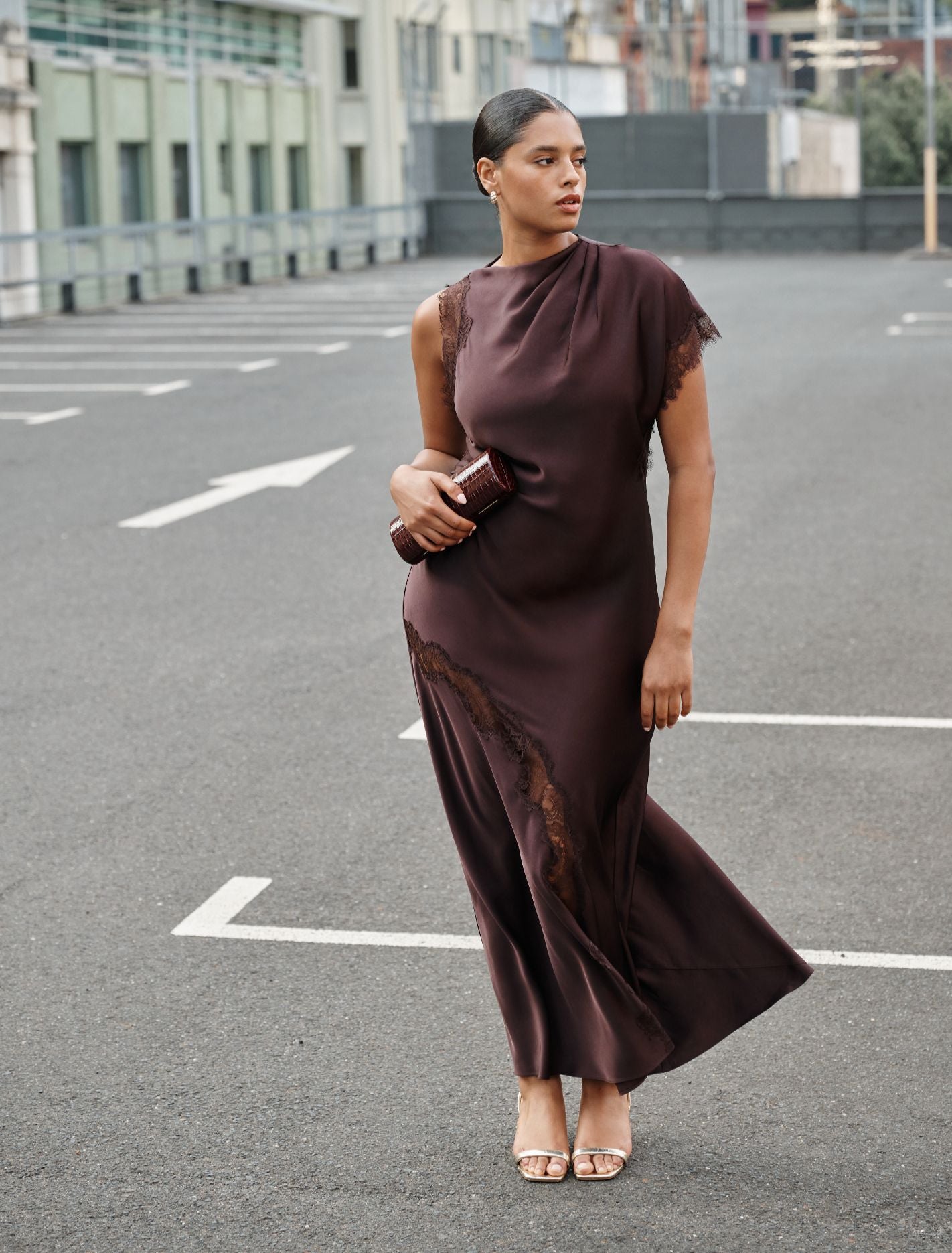 Kody Curve Satin Lace Asymmetric Dress Dark Chocolate