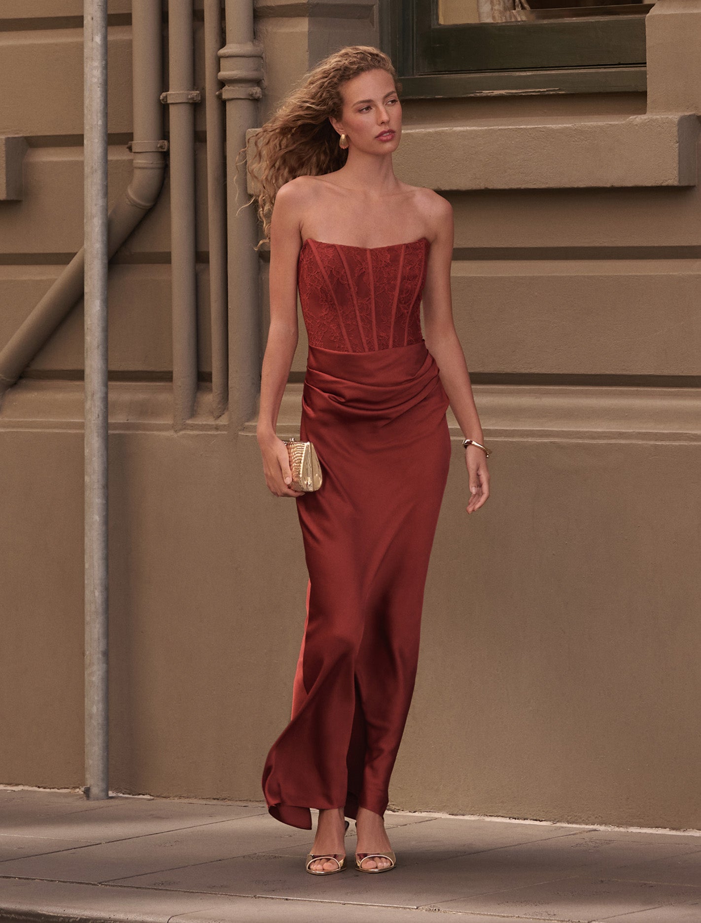 Ivy Lace Corset Drape Maxi Dress Rust