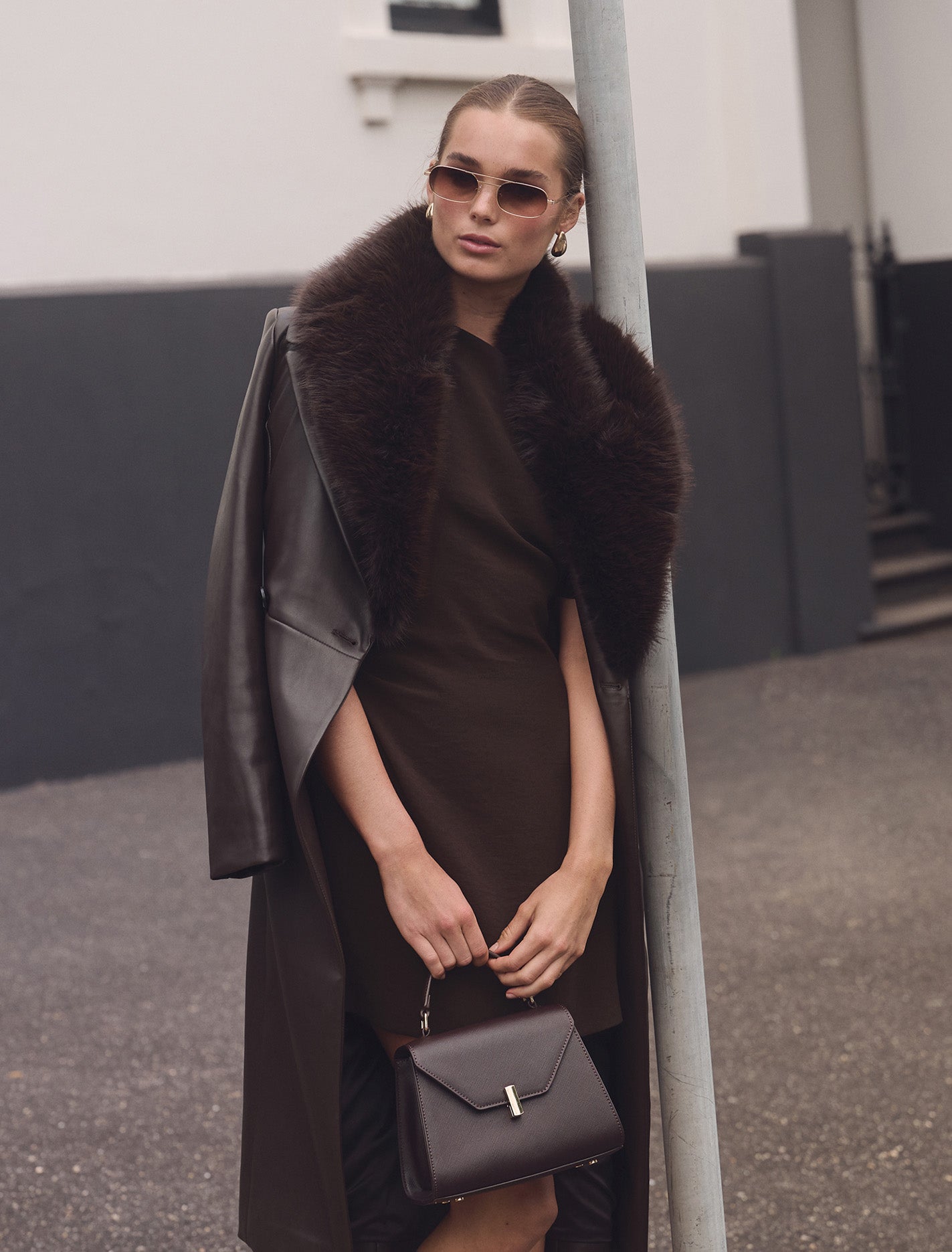 Faith Fur Collar Faux Leather Trench Coat Milk Chocolate