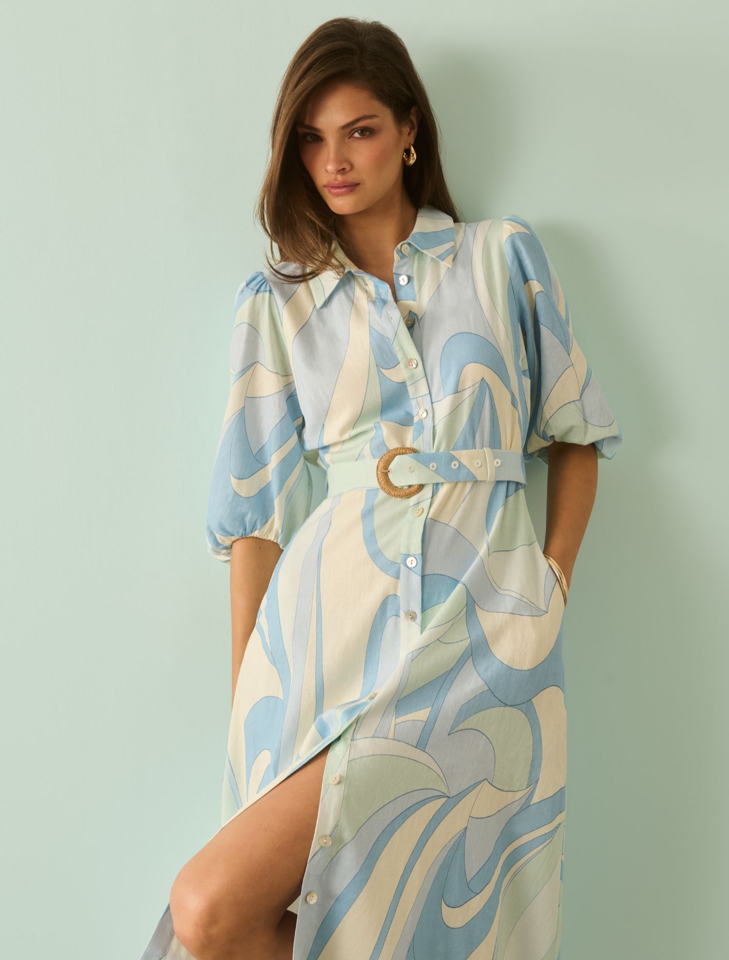 Fia Printed Shirt Midi Dress Mint Tavira