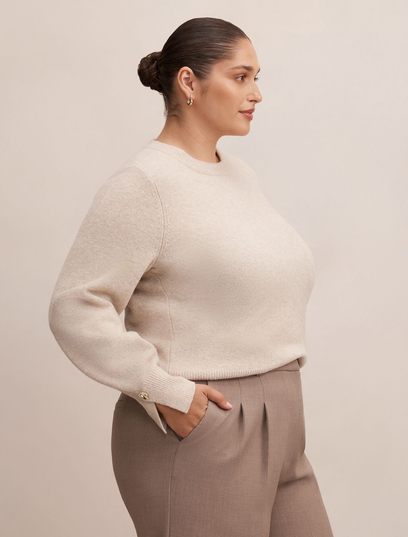 Ellie Curve Cuff Detail Sweater Soft Oatmeal