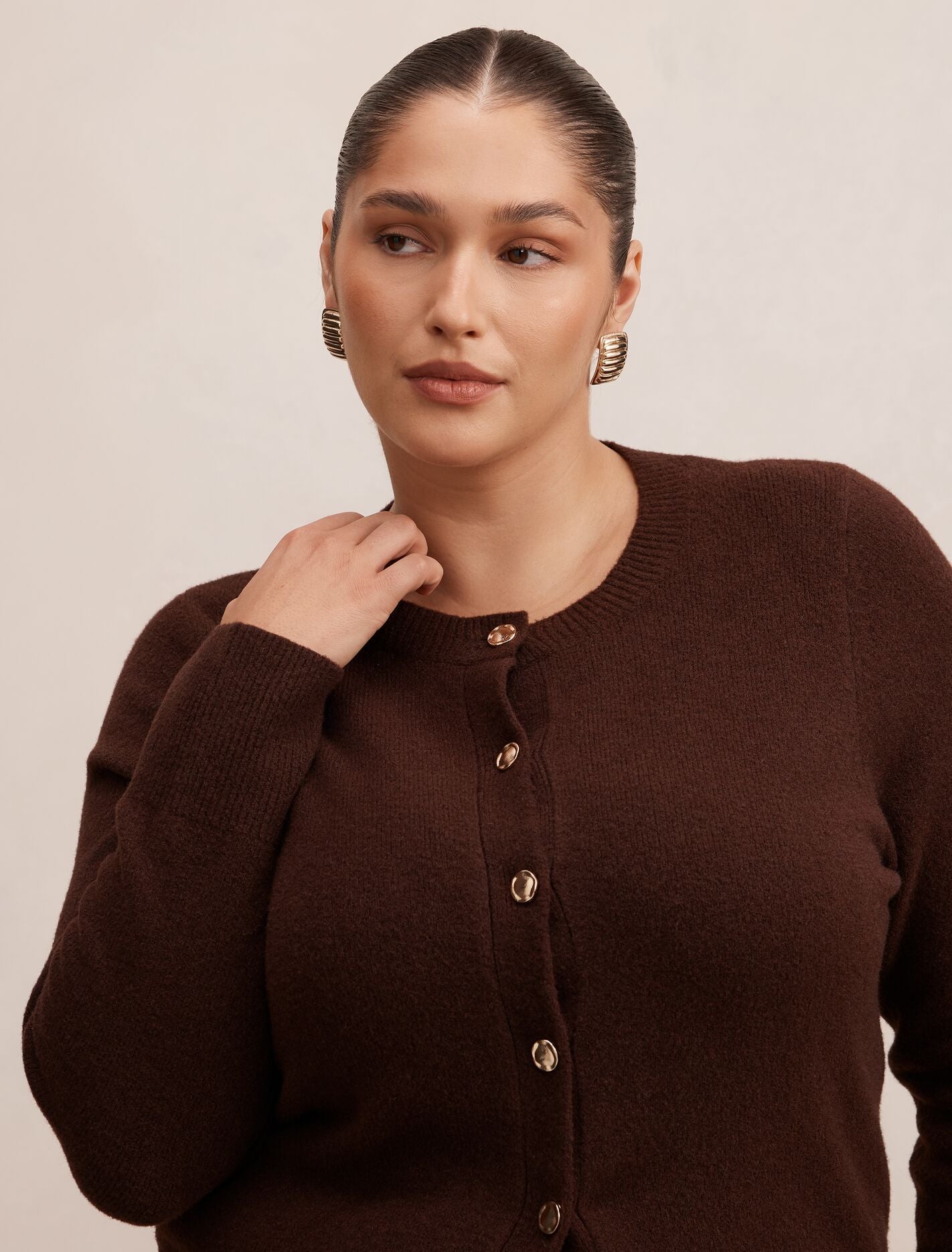 May Curve Crew Neck Cardigan Deep Chocolate