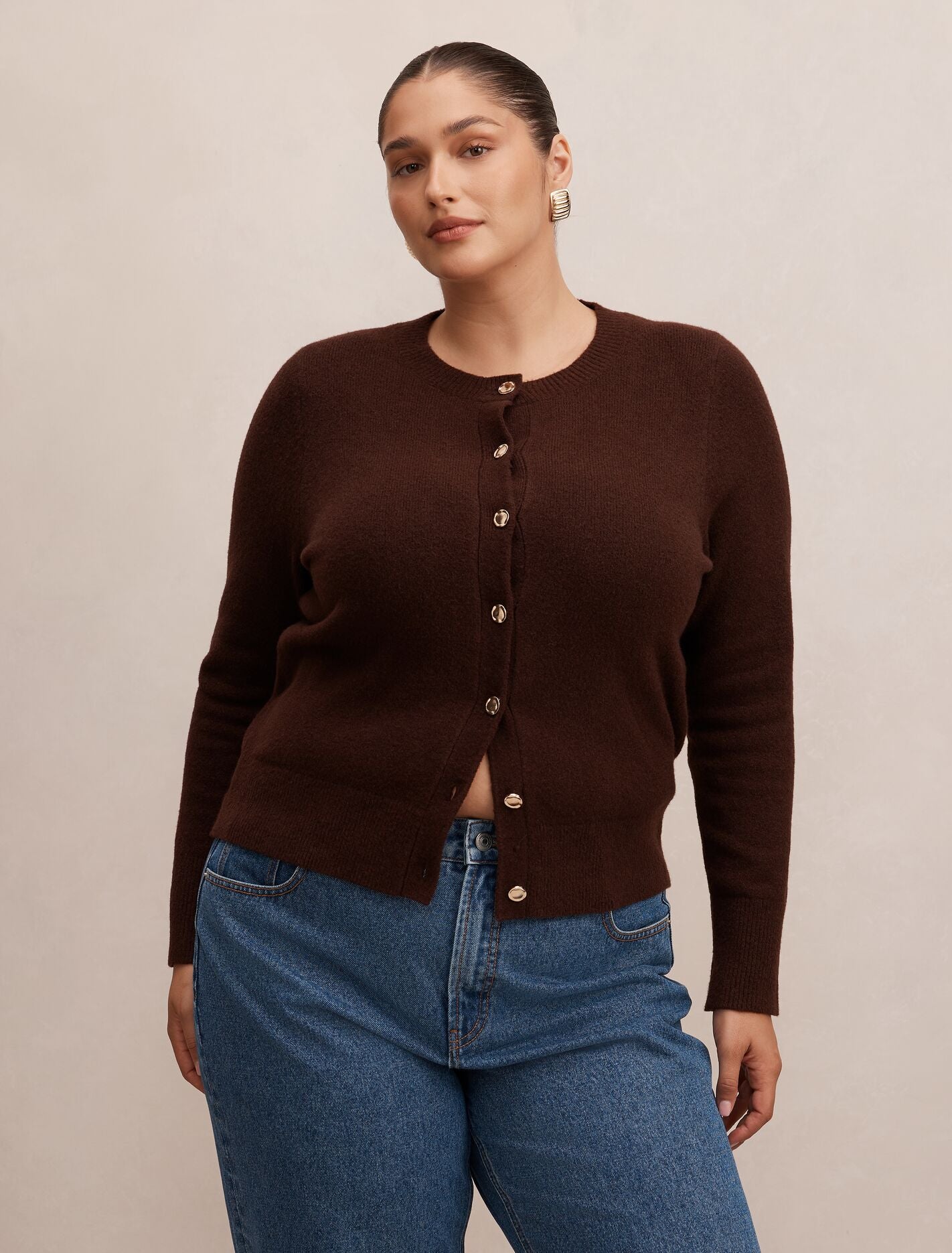 May Curve Crew Neck Cardigan Deep Chocolate