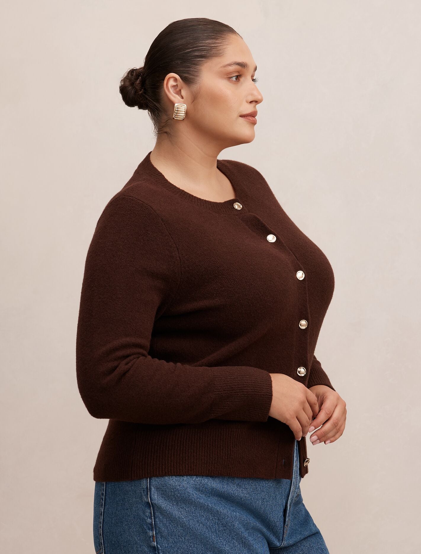 May Curve Crew Neck Cardigan Deep Chocolate