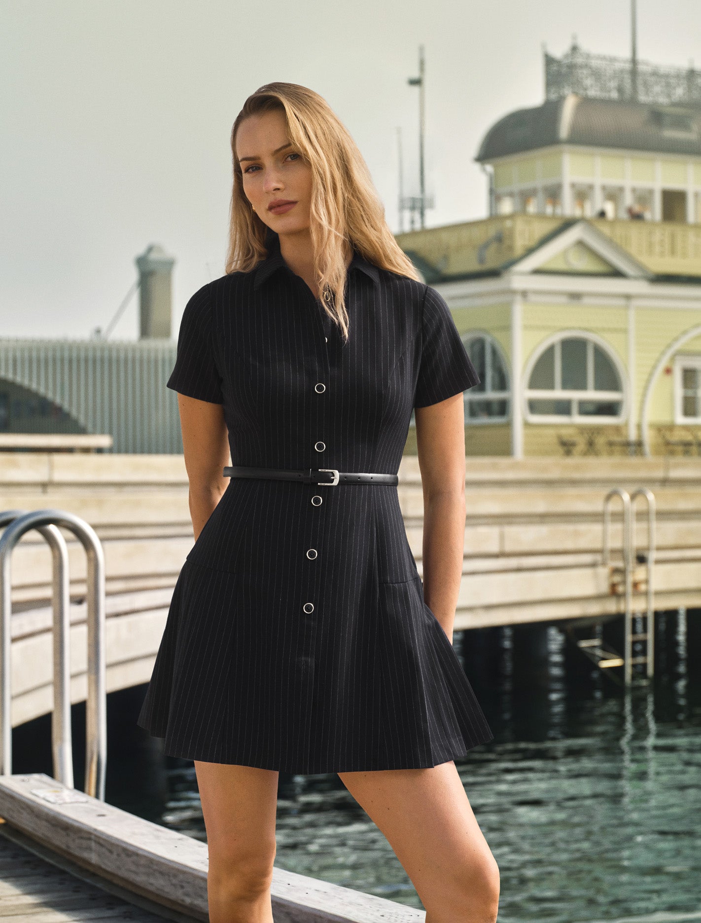 Gigi Pleated Button Down Mini Dress Navy Pinstripe