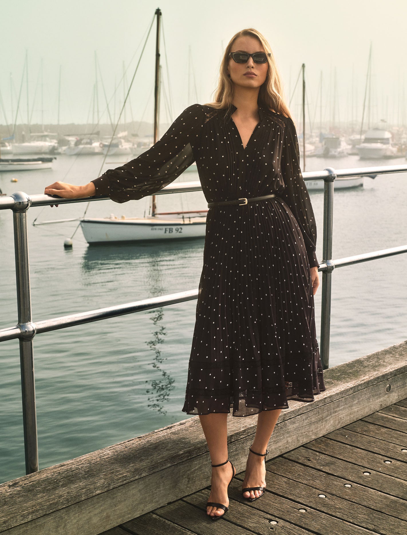 Clara Pleated Lace Trim Midi Dress Dark Risley Spot